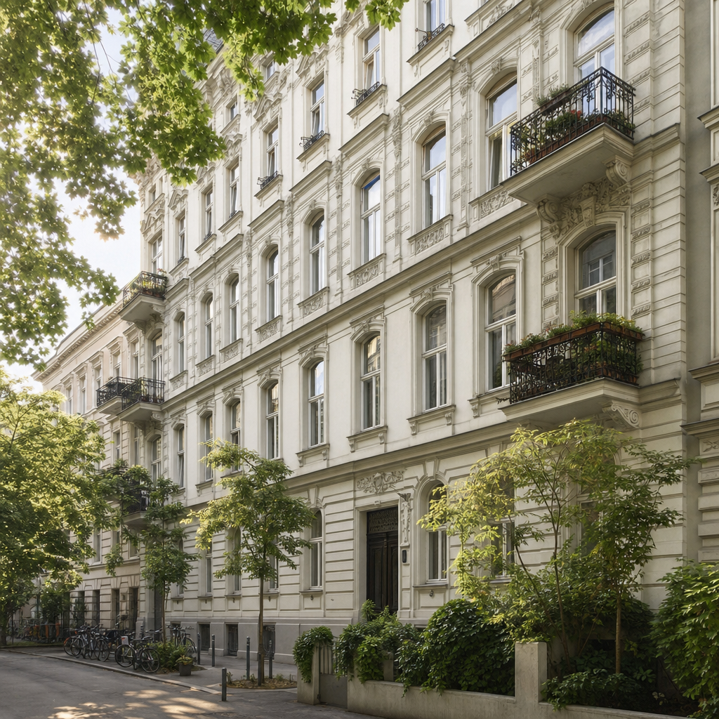 Wohnhaus mit Altbaufassade in einer begrünten Straße in Wien Währing – Symbolbild für Quadratmeterpreise von Wohnungen im 18. Bezirk