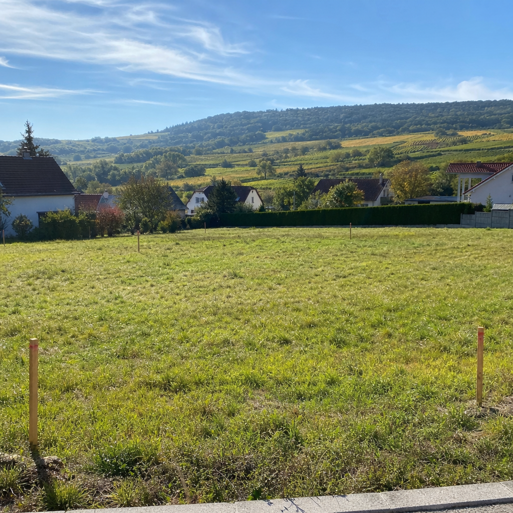 Baugrundstück am Ortsrand im Bezirk Korneuburg – Wiese mit Vermessungspflöcken, Weinviertler Hügel im Hintergrund