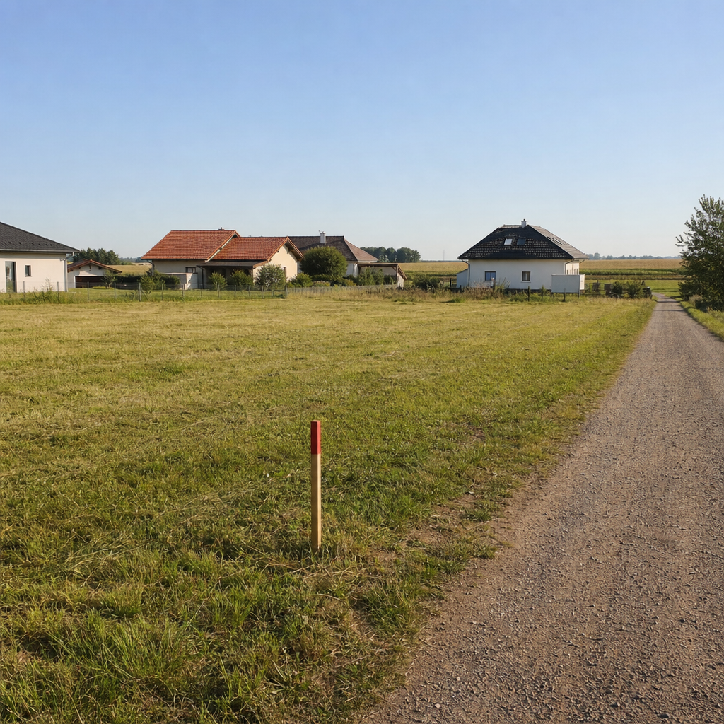 Baugrundstück in Gänserndorf im Marchfeld – ebene Parzelle mit Zufahrt und Einfamilienhäusern im Hintergrund